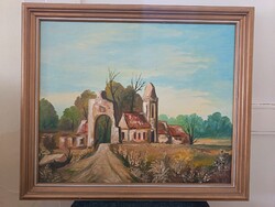 Szabó László, Romos templom, 60x50 cm olaj/farost festmény.