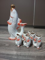 Orosz porcelán, hal formájú pálinkás készlet