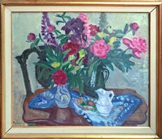 Karácsonyi Irén: Virágcsendélet, szép keretben! (olajfestmény, Képcsarnok) Színes asztali csendélet