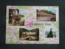 Képeslap,Csehország,Karlovy Vary,gyógyfürdő látkép,részlet,térképes,1973-