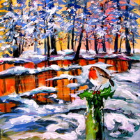 Robin in the forest- acrylic painting  . vörösbegy az erdőben  akril festmény