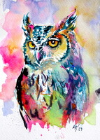 Colorful majestic owl- watercolor painting/  Színes fenséges bagoly - akvarell festmény