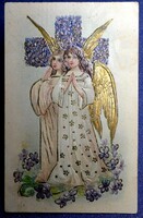 Antik dombornyomott Húsvéti üdvözlő képeslap - arany szárnyú angyalok , ibolya kereszt