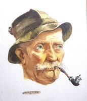 Pipáző öreg festmény jelzett alkotás