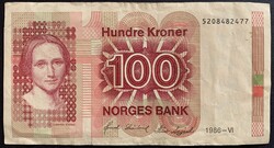 Norvégia 100 Kroner 1986 P-43c F+ Camilla Collett bankjegy