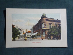 Képeslap,litho,Pécs,Rákóczi utca,Irgalmasok utca sarok,jelenleg Konzum áruház,1905-  ,sérült,