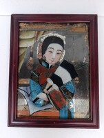 Antik japán kép üvegre festett elegáns kínai fali festmény gésa motívum keretben 531 5916