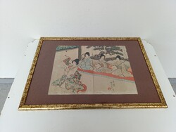 Japán fametszet 2 darab antik gésa életkép hangszer motívum keretben 525 5913