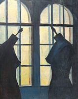 Szürreális olajfestmény 100x80 cm - Esti részlet az ablak előtt, fejetlen bábukkal (modern, kortárs)