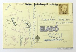 Aranycsapat képeslap Stockholmból a teljes csapat aláírásával. Labda futball foci dedikált Puskás