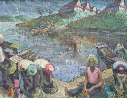 Rendkívüli remekmű! Vízparti életkép, 100x80 cm olaj-vászon - Mosás