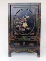 Antik kínai bútor vésett dombor zsírkő berakásos festett fekete kis lakk fiókos szekrény 499 5889