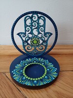 Mécsestartó árnyéklámpa Hamsa / Fatima keze fa alapon türkiz zöld mandala díszítéssel kézzel festett