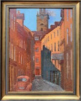 Somogyi János: Nagyvárosi utca Volkswagen Bogárral, kiváló keretben! (olaj, Képcsarnok) Budapest