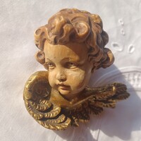 Régi karácsonyfadísz- festett, faragott fa angyal, putto vintage- kézműves