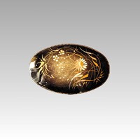 Kézzel festett, lakkozott orosz bross, ovális, virágos fa melltű