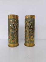 Antik katona világháború 1915 töltény hüvely lövegváza löveg váza 2 db réz domborított militari 769