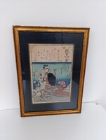 Antik Japán fametszet gésa életkép motívum keretben 773 5976