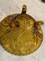 Borostyán színű üvegtál 3 lábú hibátlan vitrin állapot virágmintás