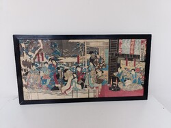 Antik Japán fametszet 3 darab szamuráj gésa életkép motívum keretben 772 5973