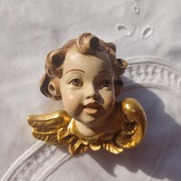 Régi karácsonyfadísz- festett, faragott fa angyal, putto vintage- kézműves, jelzett!