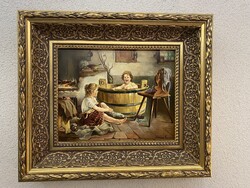 László Katalin : Fürdés 30 x 24 olajfestmény