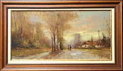 Jakubik István: Walk at the village edge, in a beautiful frame! (oil painting) Dusk landscape, sunset, twilight