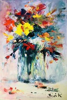 Virágok üvegvázában.Gyönyörű expresszív virágcsendélet. 40 000 ft helyett most csak 30 000 ft