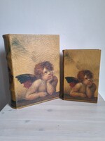 Ábrándos angyal portré bőrborítású bársonybetétes könyv formájú puttós doboz pár karácsonyi hangulat