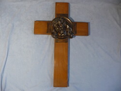 Antik vallásos kegytárgy óriás fa kereszt bronz krisztus fej domborművel 20 as évek fali kereszt