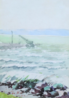 Siófok, Balaton - akvarell, Sugár Géza festőművész eredeti alkotása 1960-ból - Tóparti kilátás