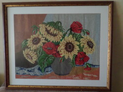 Napraforgók, pipacsok: gobelin kép üveglap mögött