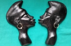 Régi férfi-női fej afrikai fafaragás, falidísz, lakberendezési tárgy