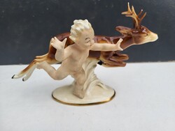 Ritka Vintage Német Porcelán Figura: Puttó Őzikével (Carl Scheidig / Karl Tutter Stílus)