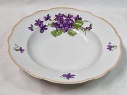 Régi Zsolnay pajzspecsétes ibolya mintás porcelán mély tányér hibátlan állapotban 23,5 cm átmérőjű