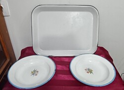 Retro zománcos tálca Budafok + 2 db Bonyhádi zománc tányér