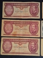 Papír 10,20,50 és 100 forintos bankjegyek, képeken látható tartásban.