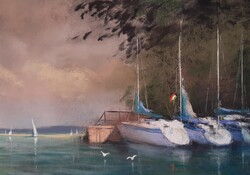 Pósa Ede - Kikötő 34 x 48 cm pasztell, papír