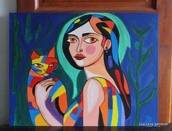 Nő cicával festmény