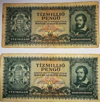 1945.10000000 TÍZMILLIÓ PENGŐK BANKÓK 2 DB EGYBE ÁLLAPOT A KÉPEK SZERINT