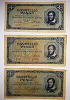1945.1000000 EGYMILLIÓ PENGŐK BANKÓK 3 DB EGYBE ÁLLAPOT A KÉPEK SZERINT