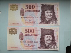 SORSZÁMKÖVETŐ 500 FORINT 2008 EA 6291148+9