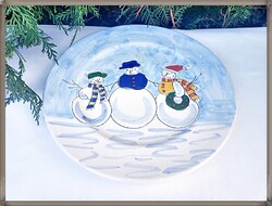 Sárospataki, egyedi, szignózott, kézzel festett, hóember mintás, kerámia lapos tányér