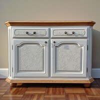 Klasszikus vintage bézs komód tölgy tetőlappal – kézzel felújított