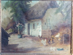 Kurländer István: Tyúkudvar, olajfestmény 60x80 cm + keret