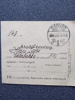ZA643.7 Átadó -vevény - Sárvár -Zalabak - Hari Lajos (Han?)  1926