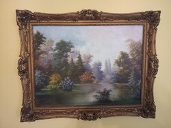Kárpáthy Jenő 60x80 cm olaj vászon tájkép park festmény áttört antik keret