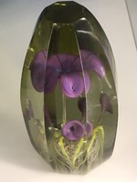 Czech Bohemia glass paperweight with purple flowers