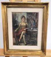 P. Bak János(1913-1981) - Enteriőr Nő alakkal olaj Festmény