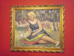Veres Miklós (1937-2021) -  A ligetben - életkép - festmény